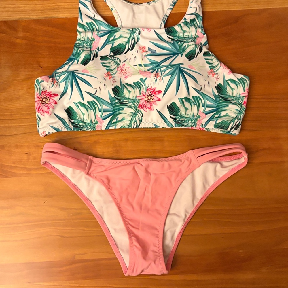 Tropical Print Swim Top with Pink Bottoms